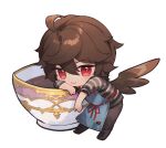  1boy ahoge apron brown_hair brown_wings chibi chibi_only coffee_cup commentary_request cup disposable_cup endend_(shinia) english_commentary feathered_wings granblue_fantasy hair_between_eyes horizontal-striped_clothes leaning_on_object light_smile looking_at_viewer male_focus messy_hair mini_person miniboy mixed-language_commentary red_eyes sandalphon_(granblue_fantasy) sandalphon_(server_of_a_sublime_brew)_(granblue_fantasy) shirt short_hair smile solo_focus striped_clothes striped_shirt teacup twitter_username wings 
