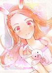  animal_ears bare_shoulders blush bow brown_hair bunny_ears flower hair_flower hair_ornament idolmaster idolmaster_(classic) idolmaster_2 long_hair minase_iori paruru_(loooooper) smile solo stuffed_animal stuffed_bunny stuffed_toy upper_body 