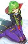  c.c. code_geass cosplay creayus green_hair long_hair looking_at_viewer simple_background solo yellow_eyes zero_(code_geass) zero_(code_geass)_(cosplay) 
