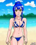  artist_request bikini blue_hair breasts large_breasts lowres non-web_source ponytail scotland scotland_flag smile solo swimsuit teeth thong yellow_eyes 