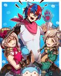  1girl 3boys alear_(fire_emblem) alear_(male)_(fire_emblem) bandana blue_hair braid brother_and_sister brown_scarf clanne_(fire_emblem) crossed_bangs eyeliner fire_emblem fire_emblem_engage flannel framme_(fire_emblem) gzei heterochromia highres makeup multicolored_hair multiple_boys open_mouth pink_eyeliner plaid plaid_headwear plaid_scarf red_hair scarf siblings single_braid sommie_(fire_emblem) split-color_hair twins two-tone_hair 