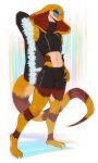 anthro athletic_wear bottomwear clothing coat cobra crossgender eyewear fora geeswest glasses gym_bottomwear gym_shorts hi_res male markings muscle_tone piercing reptile round_glasses scale_markings scales scalie shorts snake snake_hood solo sweater topwear turtleneck yellow_body