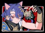  2boys animal_ears aventurine_(honkai:_star_rail) black_gloves blonde_hair cat_ears collared_shirt dr._ratio_(honkai:_star_rail) fingerless_gloves gloves hair_between_eyes hair_ornament highres honkai:_star_rail honkai_(series) jacket jewelry male_focus mini_person multicolored_eyes multiple_boys nr_gnsn red_eyes ring shirt short_hair sleeveless sleeveless_shirt 