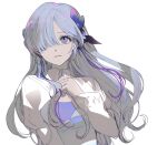  1girl commentary_request fresa_pie grey_hair hair_over_one_eye hand_on_own_chest highres isekai_joucho kamitsubaki_studio long_hair long_sleeves one_eye_covered parted_lips purple_eyes purple_ribbon ribbon shirt simple_background solo upper_body white_background white_shirt 
