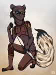 anthro arvio_(thedragonmonarch) black_body black_fur blue_eyes brown_body brown_fur chain fur grey_body grey_fur knife male mammal mask mustelid rope solo white_body white_fur ziegelzeig