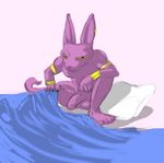  anthro bedding beerus blanket clothed clothing dragon_ball dragon_ball_super feline grandschemetheme jewelry male mammal partially_clothed penis pillow presenting simple_background slim smile solo white_background 