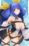  1girl angel_wings asymmetrical_wings belt black_panties black_wings blue_hair breasts cleavage cowboy_shot detached_collar detached_sleeves dizzy_(guilty_gear) feathered_wings guilty_gear guilty_gear_xrd hair_ribbon highres impossible_clothes kitayama_miuki large_breasts looking_at_viewer mismatched_wings panties red_eyes revealing_clothes ribbon solo underwear white_sleeves white_wings wings 