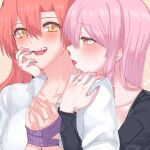  2girls aaaaddddd akuma_no_riddle black_shirt blush bound bound_wrists collared_shirt commentary drill_hair hand_on_another&#039;s_shoulder highres inukai_isuke jewelry licking licking_another&#039;s_neck long_hair long_sleeves looking_at_another multiple_girls open_mouth orange_eyes pink_hair purple_nails red_hair ring sagae_haruki shirt upper_body wedding_ring white_shirt wife_and_wife yellow_eyes yuri 