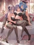  3girls absurdres breasts cleavage commentary_request fff_threesome ganyu_(genshin_impact) genshin_impact group_sex haku89 highres indoors keqing_(genshin_impact) large_breasts multiple_girls shenhe_(genshin_impact) threesome yuri 