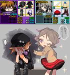  ... 2boys artist_request aura black_hat crossdressing dark_aura denim eyelashes game_screenshot_inset grey_background grey_hair jeans kiryuu_yoshiya looking_at_another male_focus multiple_boys one_eye_closed open_mouth orange_hair otoko_no_ko own_hands_together pants purple_eyes red_skirt sakuraba_neku shaded_face short_hair sitting sketch skirt sparkle speech_bubble spoken_ellipsis standing subarashiki_kono_sekai torn_clothes torn_jeans torn_pants translation_request wavy_hair 