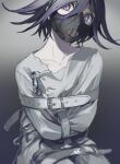  1boy belt belt_buckle black_mask bound bound_arms buckle closed_mouth collarbone cowboy_shot crossed_arms danganronpa_(series) danganronpa_v3:_killing_harmony expressionless gradient_background grey_background hair_between_eyes hou_(ppo) long_sleeves looking_at_viewer male_focus mask mouth_mask multiple_belts oma_kokichi pale_skin pants purple_eyes purple_hair shirt short_hair simple_background sitting solo straitjacket white_belt white_pants white_shirt white_sleeves 