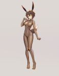  1girl absurdres animal_ears bodysuit breasts brown_hair closed_eyes commission corruption full_body grey_background hand_on_own_chest highres medium_breasts original pussy rabbit_ears rabbit_girl rabbit_tail see-through_bodysuit shen_hai_ichigo short_hair skin_tight solo standing tail variant_set 