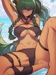  1girl arm_up armpits bikini black_bikini braid braided_ponytail breasts brown_eyes closed_mouth cloud commentary dark-skinned_female dark_skin day distr english_commentary granblue_fantasy green_eyes hair_ornament highres horus_(granblue_fantasy) large_breasts long_hair looking_at_viewer navel ocean outdoors sitting solo stomach swimsuit thigh_strap very_long_hair water wet 
