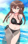  1girl absurdres arms_behind_back bikini black_bikini blue_sky braid breasts brown_hair cleavage cloud day feet_out_of_frame front-tie_bikini_top front-tie_top green_eyes highres itsuya_(hmizugucti) kantai_collection large_breasts leaning_forward looking_at_viewer low_twintails noshiro_(kancolle) outdoors sarong see-through_sarong side-tie_bikini_bottom sky solo swimsuit thigh_gap twin_braids twintails 