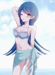  1girl ;o arm_up bikini blue_eyes blue_hair blue_sky blush breasts cloud collarbone cowboy_shot danganronpa:_trigger_happy_havoc danganronpa_(series) dao_(li_0069) day frilled_bikini frills hair_ornament hairclip highres long_hair looking_at_viewer maizono_sayaka medium_breasts navel one_eye_closed outdoors sky solo stomach swimsuit water 