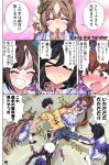  &gt;_&lt; 1boy 4girls animal_ears beret black_hair blush brown_hair closed_eyes closed_mouth commentary_request daiwa_scarlet_(umamusume) eishin_flash_(umamusume) emphasis_lines english_text fangs hat highres hokko_tarumae_(umamusume) holding_hands horse_girl long_braid long_hair multiple_girls open_mouth pulling red_eyes ribbon satono_diamond_(umamusume) school_uniform shorts sweat tiara tracen_school_uniform trainer_(umamusume) translation_request umamusume yuuki_tom0 