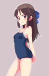  1girl arms_behind_back bare_shoulders biruchiru blue_one-piece_swimsuit blue_ribbon blush bow brown_eyes brown_hair collarbone cowboy_shot dot_nose flat_chest from_side hair_bow hair_ribbon highres idolmaster idolmaster_cinderella_girls idolmaster_cinderella_girls_starlight_stage long_hair looking_at_viewer one-piece_swimsuit open_mouth purple_background ribbon simple_background solo standing swimsuit tachibana_arisu 
