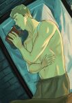  1boy beard_stubble blanket blonde_hair book closed_eyes dungeon_meshi facial_hair facing_to_the_side groin hand_up highres holding holding_book indoors male_focus open_mouth pillow saifoqu short_hair sleeping stone_floor stubble topless_male upper_body very_short_hair 