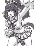  1girl animal_ears arm_up armpits breasts cheerleader cosplay crop_top daring_tact_(umamusume) greyscale hair_between_eyes holding holding_pom_poms horse_ears horse_girl horse_tail jacket looking_at_viewer midriff miniskirt monochrome navel nice_nature_(run&amp;win)_(umamusume) nice_nature_(umamusume) nice_nature_(umamusume)_(cosplay) open_mouth pataneet pom_pom_(cheerleading) ponytail ribbon simple_background skirt sleeveless solo tail umamusume 