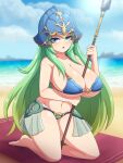  1girl beach between_breasts bikini blue_eyes blush breasts cleavage day fire_emblem fire_emblem:_path_of_radiance full_body green_hair helmet highres holding holding_polearm holding_weapon horizon huge_breasts kneeling long_hair looking_at_viewer navel nephenee_(fire_emblem) outdoors polearm showgirl_skirt solo swimsuit vadaboob very_long_hair weapon 
