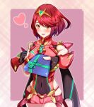  1girl blush core_crystal_(xenoblade) covered_navel cowboy_shot drop_earrings earrings fingerless_gloves gift gloves heart impossible_clothes incoming_gift jewelry looking_at_viewer pyra_(xenoblade) red_eyes red_hair red_shorts samu_poteto short_hair short_shorts shorts skindentation smile solo swept_bangs tiara valentine xenoblade_chronicles_(series) xenoblade_chronicles_2 