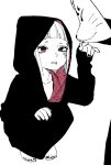  1boy 1girl barefoot feet flat_chest highres hood hood_up monochrome original out_of_frame pink_eyes short_hair simple_background solo_focus spot_color squatting toes unthuku 