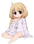  1girl barefoot black_eyes blonde_hair bottomless chibi closed_mouth clothes_writing futaba_anzu idolmaster idolmaster_cinderella_girls long_hair low_twintails moru_(monaka) off_shoulder oversized_clothes shirt simple_background sitting sleeves_past_fingers sleeves_past_wrists solo twintails very_long_hair white_background 