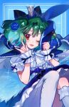  1girl \m/ aoi_rokushou black_bow blue_background blue_bow blue_flower bow crown fang flower green_hair hair_bow hair_flower hair_ornament highres looking_at_viewer macross macross_frontier one_eye_closed pantyhose ranka_lee red_eyes shirt short_hair single_leg_pantyhose single_sock sitting skirt smile socks solo sparkle sparkle_hair_ornament star_(symbol) star_hair_ornament tongue tongue_out white_pantyhose white_shirt white_skirt white_socks wrist_cuffs 