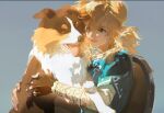  1boy animal blonde_hair blue_eyes blue_tunic border_collie champion&#039;s_tunic_(zelda) dog fingerless_gloves gloves grey_background holding holding_animal holding_dog link low_ponytail one_eye_closed pointy_ears ponytail redum4 shield shield_on_back simple_background smile solo the_legend_of_zelda the_legend_of_zelda:_tears_of_the_kingdom tunic 