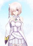  1girl alternate_outfit bare_shoulders blush breasts brown_hair crossowver emilia_(re:zero) fate/grand_order hair_ornament looking_at_viewer purple_eyes shielder_(fate_grand_order) short_hair smile solo standing 