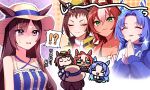  4girls absurdres animal_ears blue_hair blush bow breasts brown_hair byerley_turk_(umamusume) closed_eyes darley_arabian_(umamusume) dress godolphin_barb_(umamusume) green_eyes hair_ornament hairclip hat highres horse_ears horse_girl jacket long_hair mejiro_dober_(umamusume) mejiro_dober_(vacation_safir)_(umamusume) multicolored_hair multiple_girls nitsu_(nitsuni2_2) open_mouth pink_hair purple_eyes shirt short_hair smile tail translation_request umamusume 