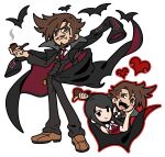  1boy 1girl :d absurdres bat_(animal) beard black_eyes black_hair bow bowtie brown_eyes brown_hair coat coat_on_shoulders facial_hair fangs goatee guilty_gear guilty_gear_strive heart highres holding holding_smoking_pipe male_focus monocle mustache necktie red_necktie sach56000 sharon_(guilty_gear) simple_background single_blush_sticker slayer_(guilty_gear) smile smirk smoking_pipe spiked_hair suit teeth upper_teeth_only vampire white_background white_bow white_bowtie 