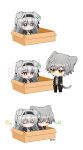  +_+ 1boy 1girl animal_ears black_coat black_gloves black_hairband black_jacket black_pants box caelus_(honkai:_star_rail) cardboard_box chibi closed_eyes coat collared_shirt cropped_jacket firefly_(honkai:_star_rail) gloves grey_hair hair_between_eyes hair_ornament hairband hetero highres honkai:_star_rail honkai_(series) hyo(shhonsr) jacket long_hair open_clothes open_coat pants shirt short_hair smile tail trailblazer_(honkai:_star_rail) two-tone_eyes white_shirt yellow_eyes 