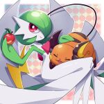  apple bob_cut closed_eyes colored_skin dress food fruit gardevoir green_hair hair_over_one_eye highres ms_misubaru_mk2 multicolored_skin pink_eyes pokemon pokemon_(creature) raichu smile two-tone_fur two-tone_skin white_dress white_skin 