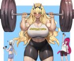  3girls abs absurdres baobhan_sith_(fate) bare_shoulders barghest_(fate) biceps blonde_hair breasts fate/grand_order fate_(series) green_eyes heterochromia highres horns large_breasts long_hair looking_at_viewer melusine_(fate) multiple_girls muscular muscular_female pink_hair raskasar red_eyes small_breasts thick_thighs thighs white_hair 