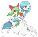  alternate_color artist_name blue_hair colored_skin dress gardevoir green_hair hair_over_one_eye highres kirlia looking_at_viewer multicolored_skin open_mouth orange_eyes pink_eyes pokemon pokemon_(creature) rorosuke shiny_pokemon simple_background smile two-tone_skin white_background white_dress white_skin 