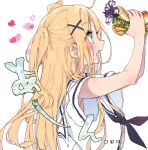  +_+ 2girls armpit_peek asymmetrical_hair black_neckerchief blonde_hair blue_eyes blush commentary_request drooling fang food hair_ornament hairclip hamayumiba_sou hana_n._fountainstand hanayamata heart highres holding holding_food long_hair looking_at_food mini_person minigirl multiple_girls neckerchief open_mouth purple_hair red_eyes sailor_collar saliva school_uniform sekiya_naru serafuku shirt short_sleeves sidelocks simple_background skin_fang submarine_sandwich two_side_up white_background white_sailor_collar white_shirt x_hair_ornament 