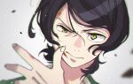  1boy black_hair blood blood_on_face blurry blurry_foreground bruise bruise_on_face bungou_stray_dogs chromatic_aberration collared_shirt commentary_request fingernails green_jacket highres injury jacket looking_at_viewer male_focus mushitarou_oguri_(bungou_stray_dogs) norimizu serious shirt short_hair simple_background solo swept_bangs tagme white_shirt yellow_eyes 