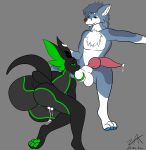 absurd_res ambiguous_gender anthro ball_lick ball_worship balls big_balls big_ears big_penis big_tail black_body blue-wolfy blue_body blue_eyes blue_fur blue_pawpads bodily_fluids brown_nose canid canine canis cum dragon duo ear_grab facial_markings flat_colors fur genital_fluids genitals green_markings green_pawpads green_sclera head_markings hi_res holding_tail horn knot leaking_cum licking long_tongue looking_down_at_partner looking_pleasured luceiry male male/ambiguous mammal markings multicolored_body mythological_creature mythological_scalie mythology oral pawpads penis presenting scalie sex simple_background snout snout_markings tail tongue two_tone_body white_body white_fur wolf zaks zaks(artist)