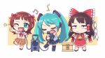  3girls amami_haruka black_skirt blue_hair blunt_bangs blush_stickers bow brown_hair brown_skirt chibi closed_eyes closed_mouth green_eyes hair_bow hair_tubes hakurei_reimu hatsune_miku highres holding holding_microphone idolmaster long_hair looking_at_viewer microphone multiple_girls musical_note one_eye_closed open_mouth pink_bow pleated_skirt red_bow royl short_hair skirt star_(symbol) touhou twintails vocaloid 