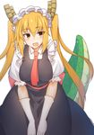  blonde_hair blurry breasts depth_of_field dragon_girl dragon_tail fang gloves horns kobayashi-san_chi_no_maidragon large_breasts leaning_forward long_hair looking_at_viewer maid maid_headdress necktie puffy_short_sleeves puffy_sleeves red_eyes short_sleeves solo tail tilt-shift tooru_(maidragon) twintails v_arms very_long_hair white_gloves 