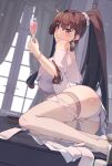  1girl alternate_costume artist_name ass blush breasts brown_hair commentary_request cup drinking_glass hair_between_eyes hair_ornament highres himeyamato holding holding_cup iowa_(kancolle) kantai_collection large_breasts long_hair ponytail smile solo very_long_hair wine_glass yamato_(kancolle) 