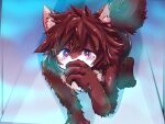  2020 ambiguous_gender anthro blue_eyes brown_body brown_fur changed_(video_game) exepresso fur gas hand_on_mouth hi_res lin_(changed) solo tail transformation 