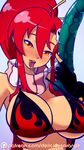  after_fellatio bikini_top blush breasts cleavage dildo elbow_gloves gloves hair_ornament huge_dildo ian_chase large_breasts long_hair ponytail red_hair saliva saliva_trail scarf self_shot sidelocks single_elbow_glove skull_hair_ornament solo tears tengen_toppa_gurren_lagann underboob yoko_littner 