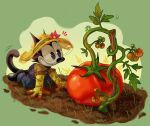  1boy cat_boy dated english_commentary felix_the_cat felix_the_cat_(series) flower food fruit furry furry_male gardening gloves grin hat hat_flower highres kneeling looking_at_food male_focus overalls shirt signature smile solo straw_hat teeth tomato toon_(style) whiskers woody_(beastlyfigurine) yellow_shirt 