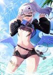  1girl absurdres bikini black_bikini breasts cropped_jacket dragon_wings fate/grand_order fate_(series) fish_bottle forked_eyebrows high_ponytail highres hooded_shrug jiejeat long_hair long_sleeves looking_at_viewer mask mask_pull melusine_(fate) melusine_(swimsuit_ruler)_(fate) melusine_(swimsuit_ruler)_(first_ascension)_(fate) mouth_mask navel removing_mask shrug_(clothing) sidelocks small_breasts smile solo stomach swimsuit tail thighlet thighs white_hair wings yellow_eyes 