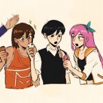  1girl 3boys aubrey_(faraway)_(omori) aubrey_(omori) black_eyes black_hair blue_eyes blush brown_hair collarbone crop_top dark-skinned_male dark_skin disembodied_limb food hero_(faraway)_(omori) hero_(omori) highres holding holding_ice_cream_cone holding_spoon ice_cream ice_cream_cone jacket kel_(faraway)_(omori) kel_(omori) long_sleeves looking_at_another multiple_boys navel omori open_mouth pink_hair short_hair spoon sunny_(omori) teeth twitwi_2468 upper_teeth_only white_jacket 