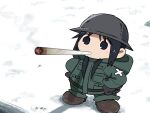  black_eyes black_hair brodie_helmet chibi chito_(shoujo_shuumatsu_ryokou) coat combat_helmet from_above green_coat green_pants hands_on_own_hips helmet joint_(drug) large_shoes low_twintails marijuana meme military military_uniform out_of_character pants ralsei_smoking_a_blunt_(meme) shoes shoujo_shuumatsu_ryokou smart_oval smoking snow stoned twintails uniform 