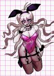  1girl absurdres animal_ears antenna_hair barbed_wire bare_shoulders black_choker blonde_hair blush breasts brown_thighhighs choker danganronpa_(series) danganronpa_v3:_killing_harmony fake_animal_ears groin hair_between_eyes hand_up highres iruma_miu kneeling large_breasts leotard long_hair o-ring pink_leotard playboy_bunny rabbit_ears shiny_clothes simple_background solo teeth thighhighs tongue tongue_out upper_teeth_only uranagi_(uranaginasi) white_background wrist_cuffs 