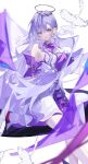  1girl absurdres aqua_eyes arms_behind_back bare_shoulders bird breasts detached_sleeves dress earrings falling_feathers feathers gloves halo hand_on_own_chest head_wings highres honkai:_star_rail honkai_(series) jewelry long_hair looking_at_viewer medium_breasts parted_lips pigeon purple_dress purple_hair robin_(honkai:_star_rail) short_sleeves simple_background sitting solo two-tone_dress white_background white_dress white_gloves white_wings wings zaaaki_7 